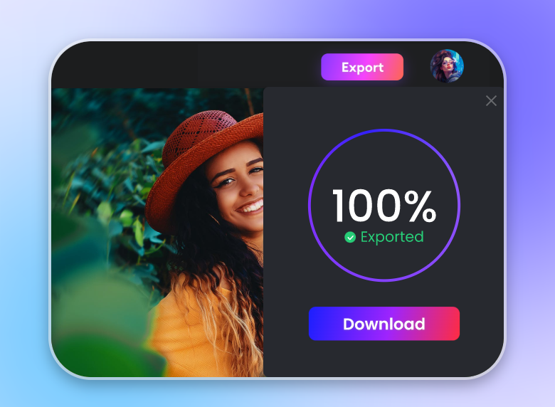 Descarregar o vídeo convertido a partir de uma fotografia de uma senhora com um chapéu cor de laranja escuro num fundo verde