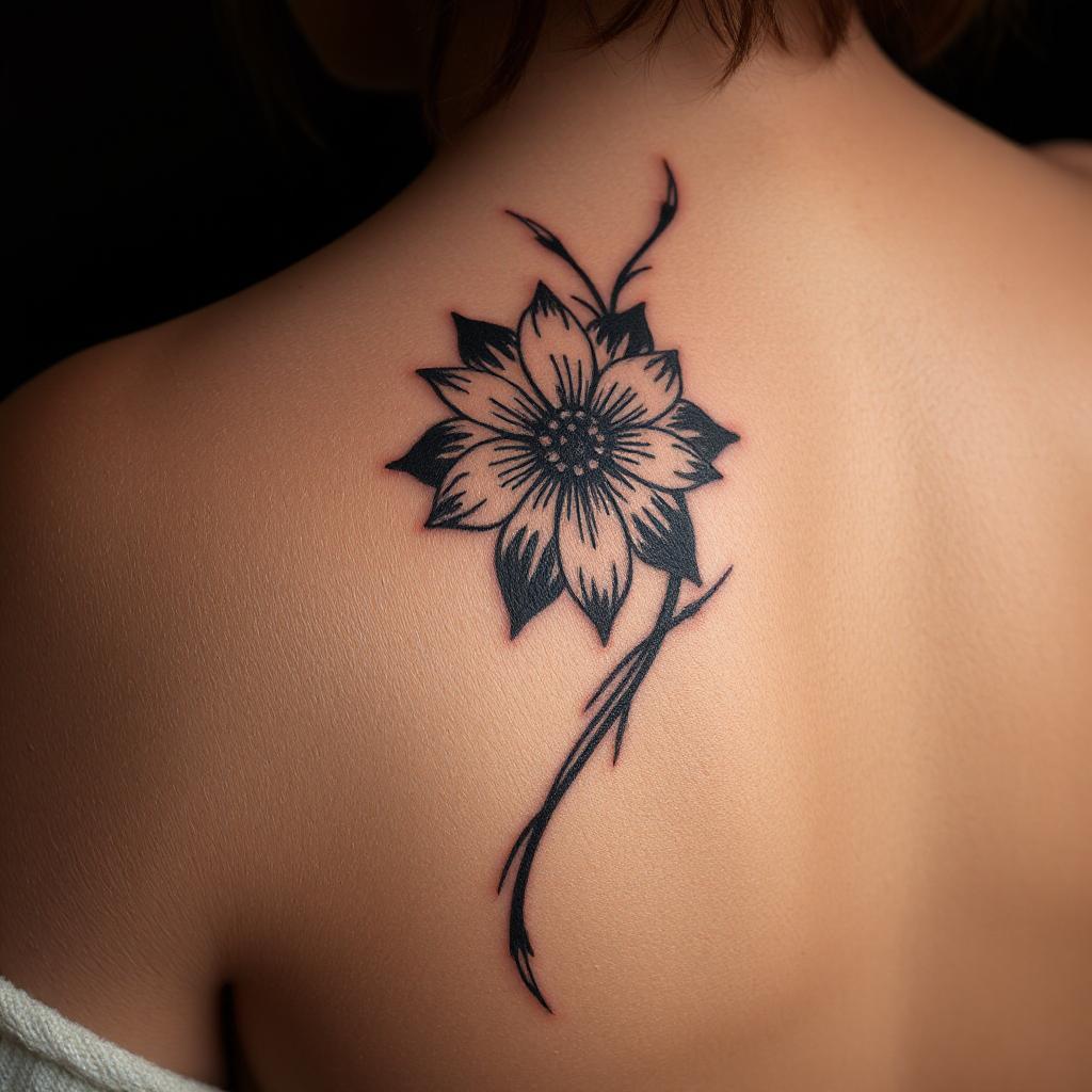 Drawing flower tattoo on the back of a woman