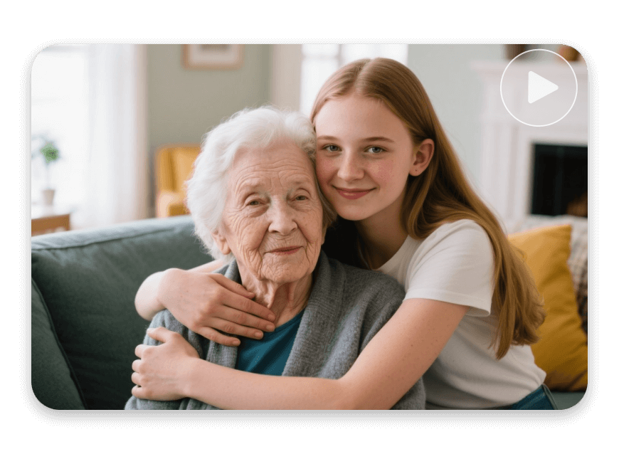 Express a girl love for her grandmother with an ai hugging video