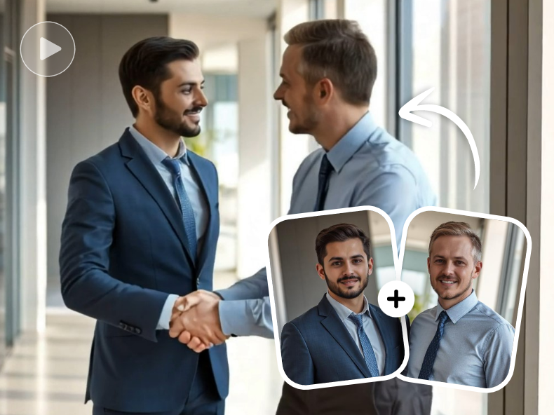 imagem em destaque do gerador de vídeo de aperto de mão com ia do clipfly mostrando dois empresários apertando as mãos