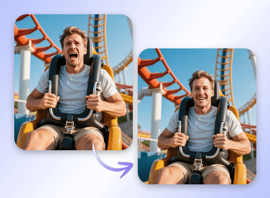 Fix a man face expression from scared to happy