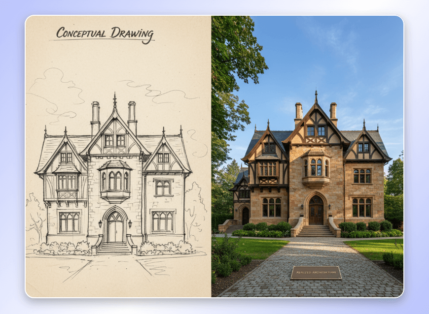 Gempix 2 ai image generator turns an architectural drawing manuscript into a realistic building