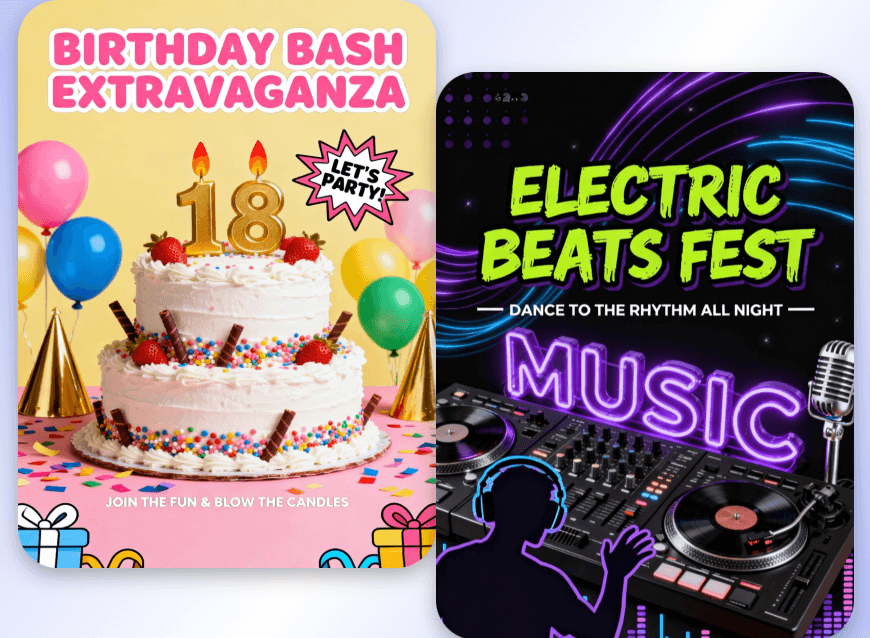 Generate a birthday party poster and a music party poster with clipfly ai poster generator