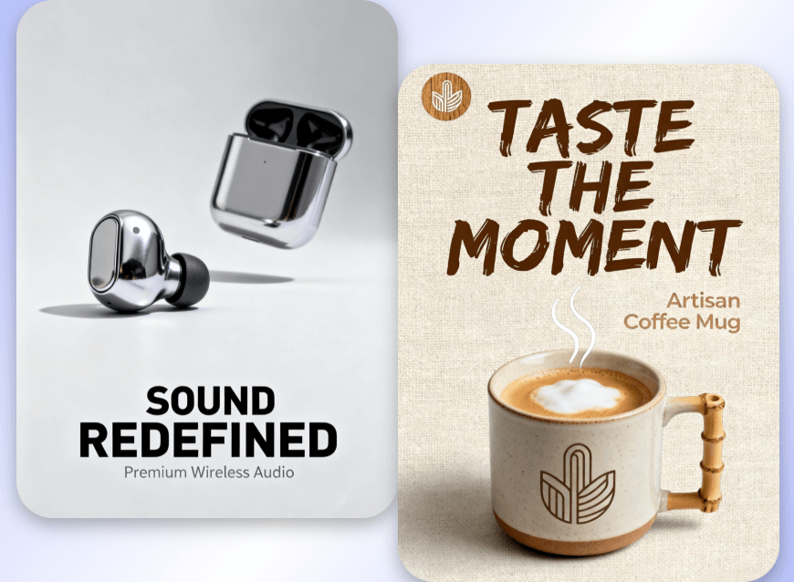 Generate a earphone poster and a coffee poster with clipfly ai poster generator
