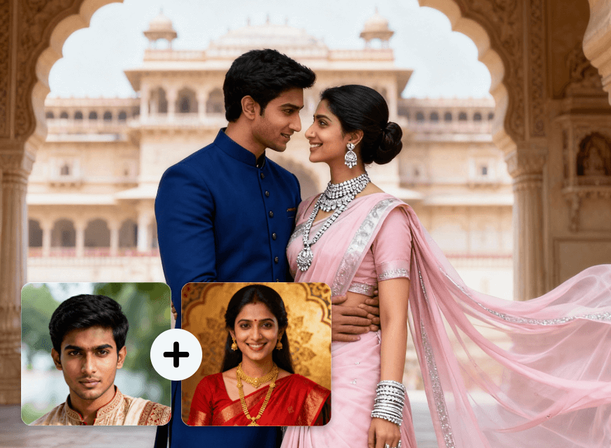 Generate a luxury indian couple photo with clipfly ai couple photo maker