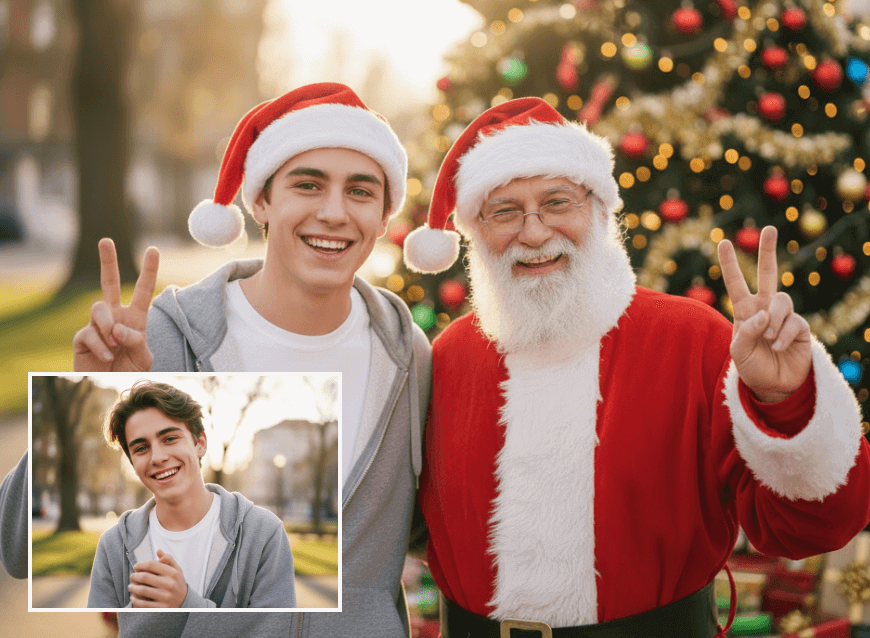 写真の男性がサンタクロースと肩を組んでいる画像へクリスマス加工