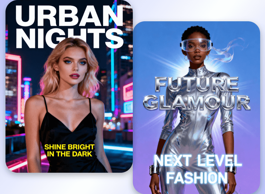 Generate a urban model poster and a futuristic poster with clipfly ai poster generator