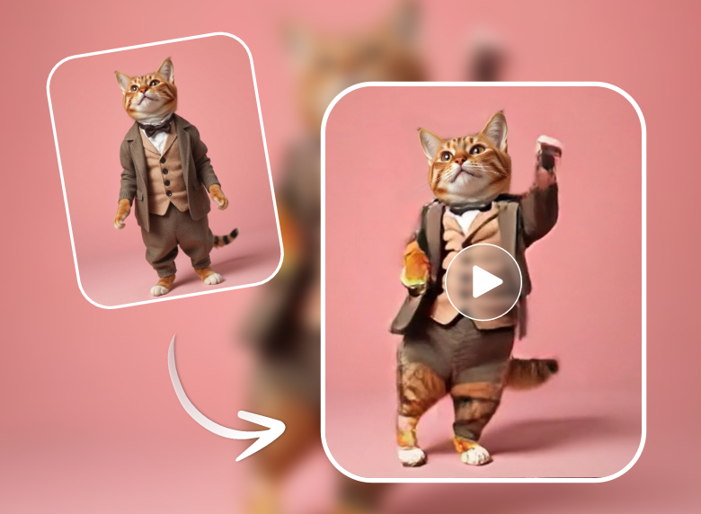 Generate an ai dance video from a photo of a cat in a brown suit and use it as an ai meme