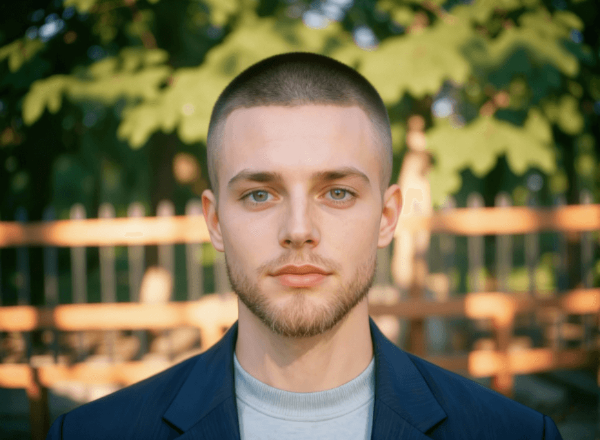 Higj fade buzz cut coupled with stubble beard generated with clipfly buzz cut filter