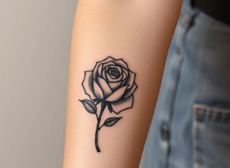 Line art tattoo of a rose on an arm