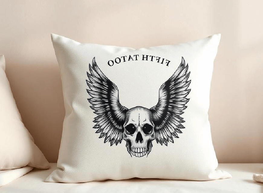 Line drawing cushion product featuring a skull with wings
