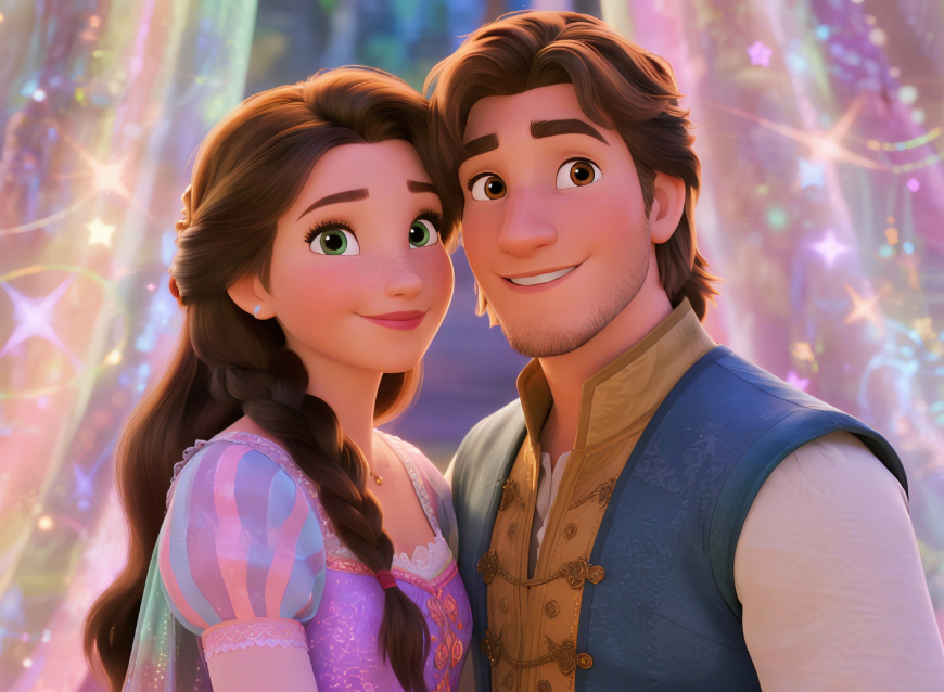 Make a disney cartoon style couple picture for a young couple