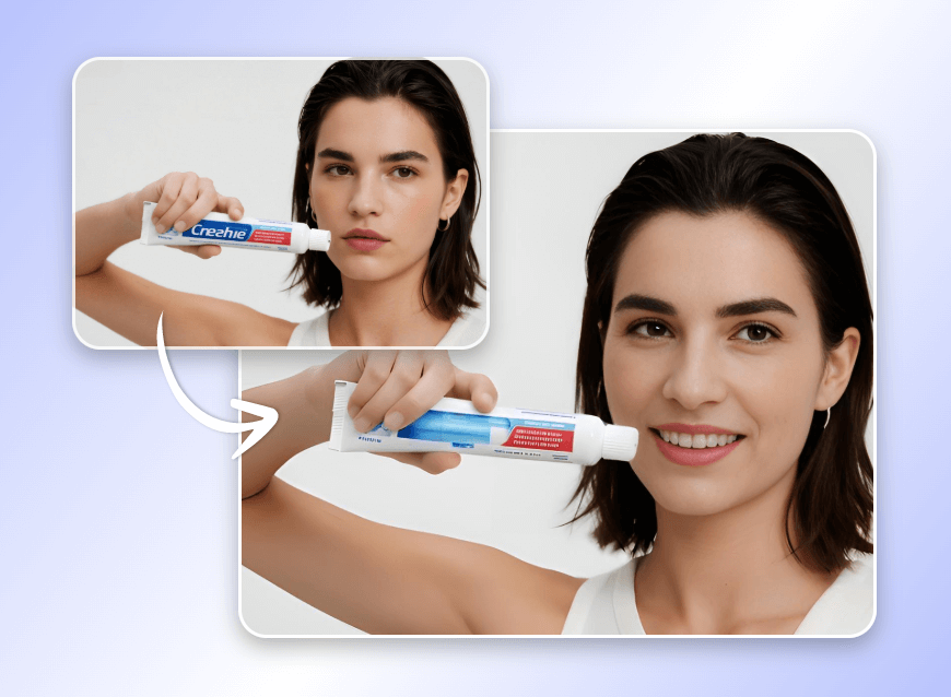 Make a marketing photo of a lady holding toothpaste smile
