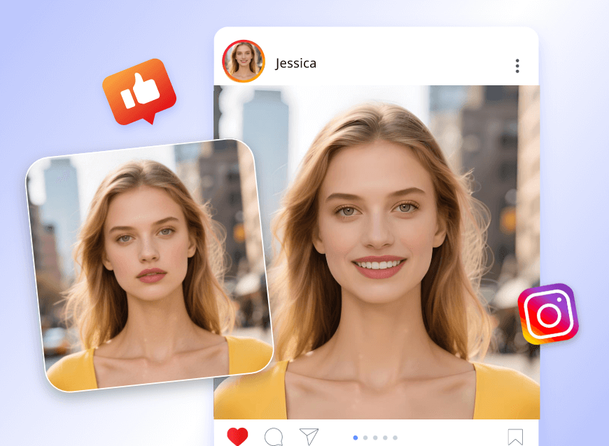 Make a photo of a blond lady smile and share the smile photo on social media