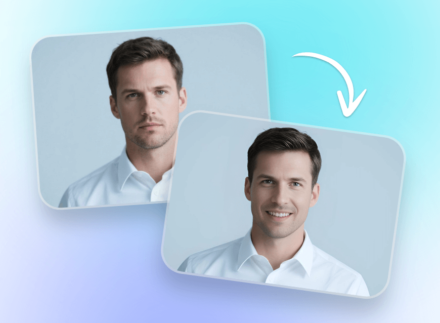 Make a photo of a man with a serious expression smile in clipfly