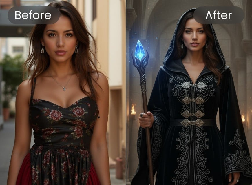 Mit dem Hexenfilter von Clipfly wird aus einem Porträt einer Frau eine Hexe in schwarzer Robe erstellt