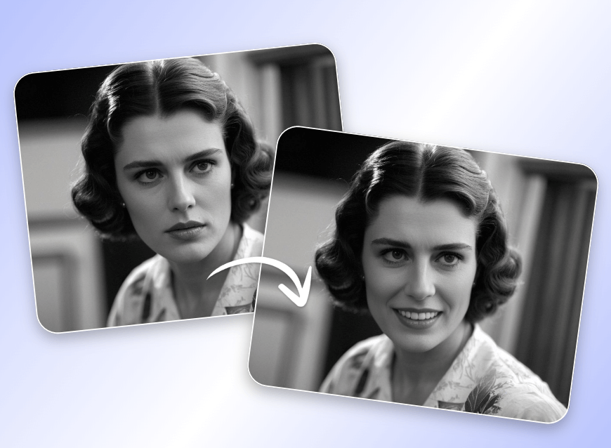 Make an old b and w photo of a lady smile