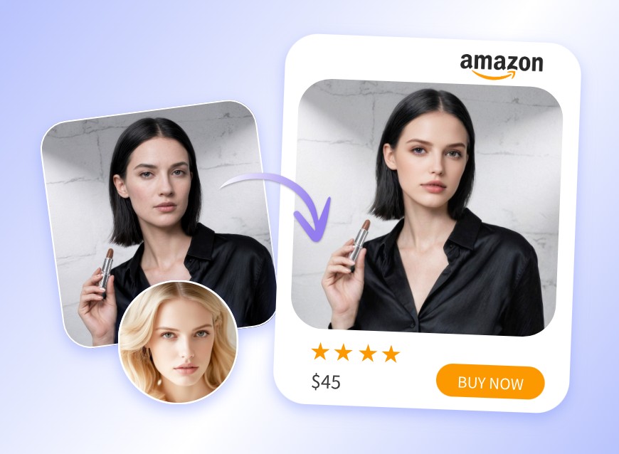 Make head replacement effect for business and marketing featuring a woman holding a lipstick