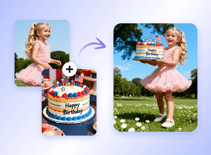 Merge a girl and a cake photo into one photo of the girl holding a birthday cake