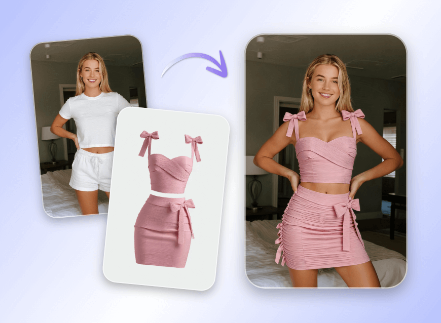 Merge a girl photo and a pink outfit photo into a new visual