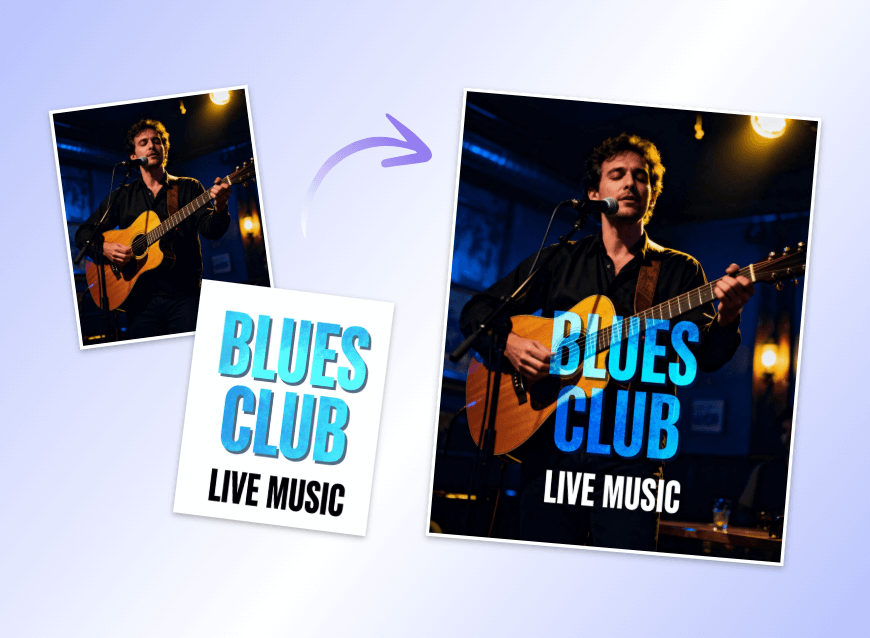 Merge a photo of a male singer with a text pic into one complete photo