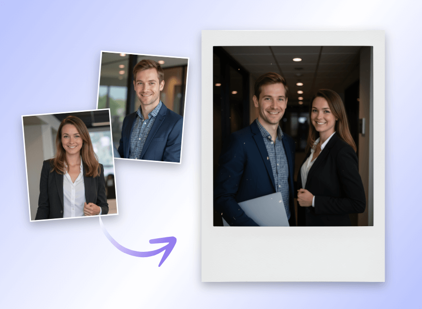 Merge two business headshots into one polaroid photo for marketing use