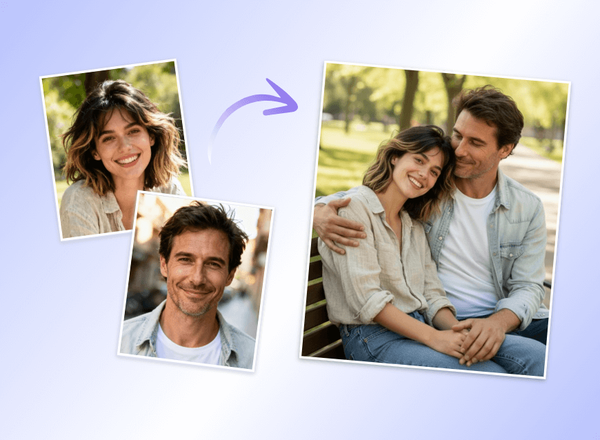 Merge two photos into one featuring a man holding a woman