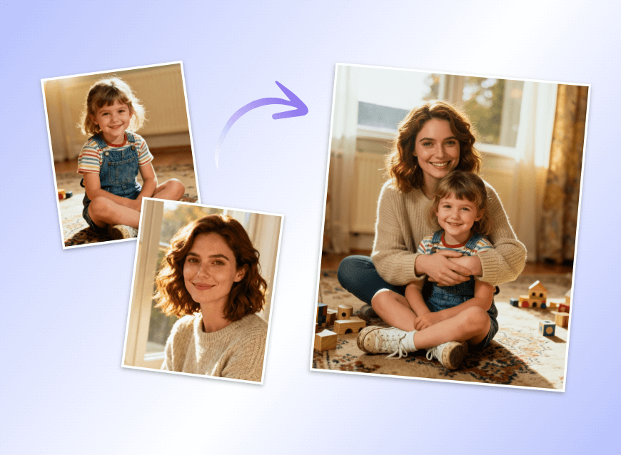 Merge two photos into one featuring the adult version of a lady hugging her younger self