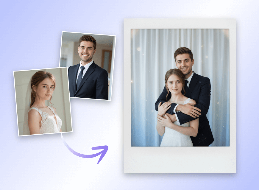Merge two pictures into one ai polaroid photo to retro wedding feel