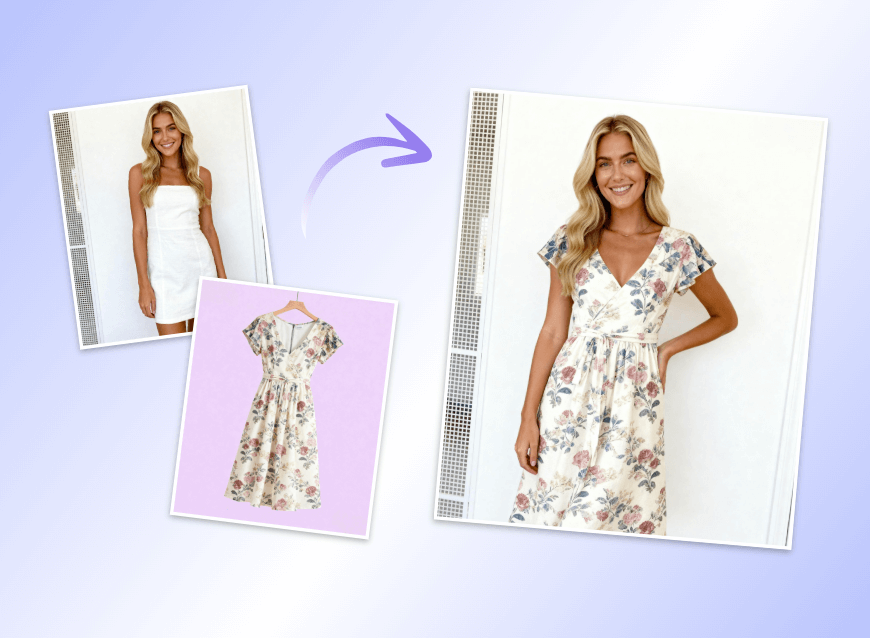 Merge two pictures into one photo featuring a woman wearing the given dress