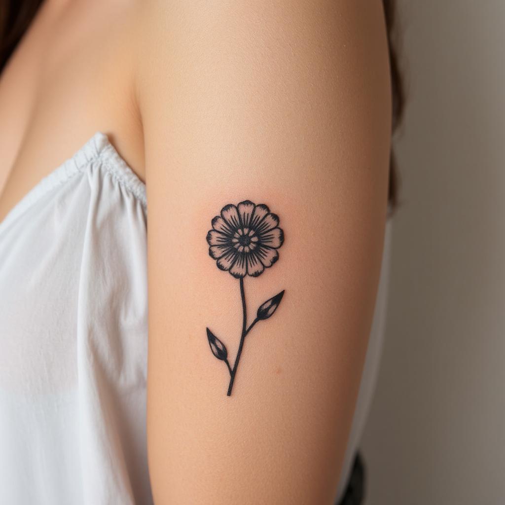 Minimalism birth flower tattoo on the arm of a woman