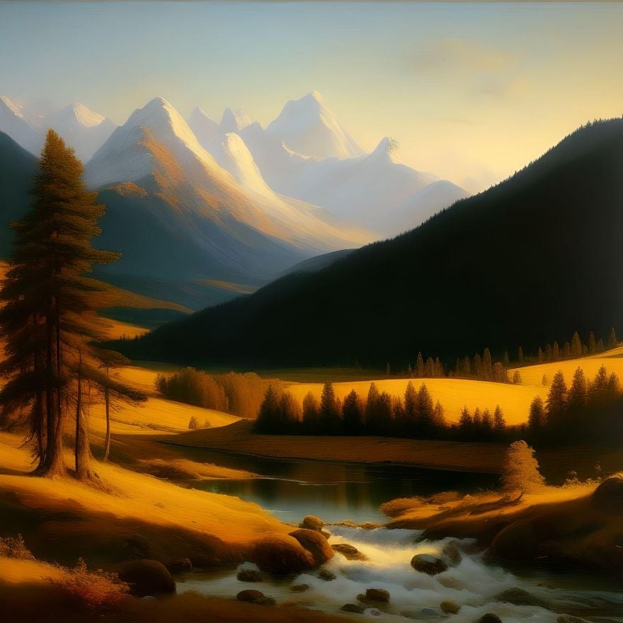 Estilo artístico de pintura a óleo com vista para uma montanha