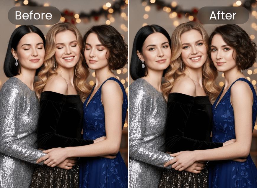 3人の女の子が写った友人の集まりの写真で目を開ける