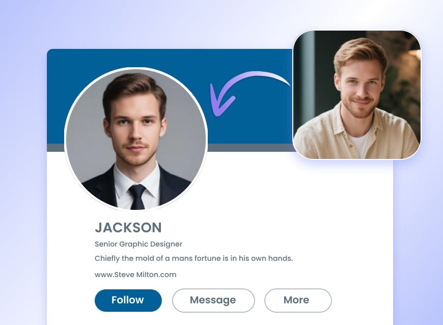 Photo head swap for formal attire featuring a man upscaling his Linked In profile