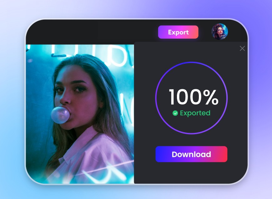 Visualize e exporte seu vídeo espelhado de uma garota soprando chiclete