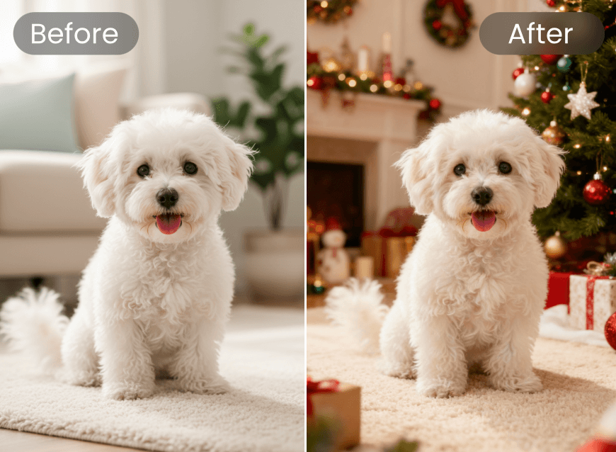 Añade una acogedora escena navideña a la foto del perro blanco