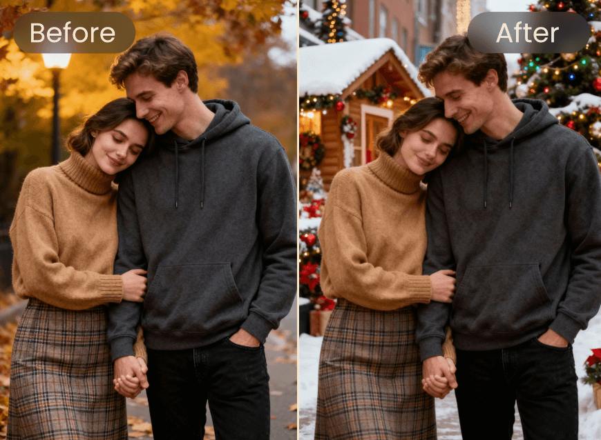 Añade el fondo navideño a la foto de la pareja romántica con el filtro navideño de Clipfly AI