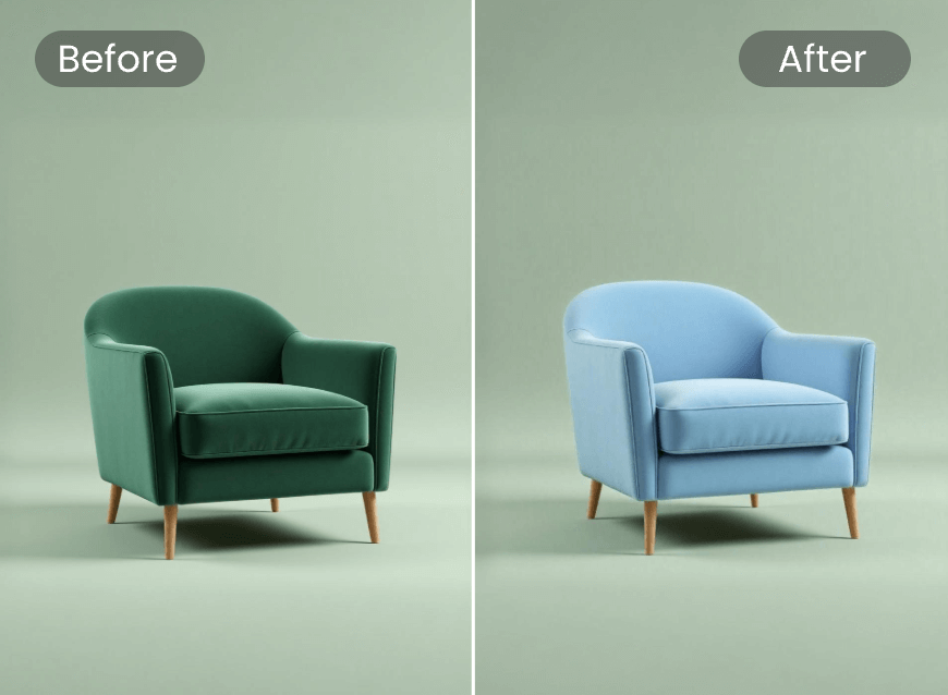 Recolor a green sofa and turn it into light blue with clipfly color replacer