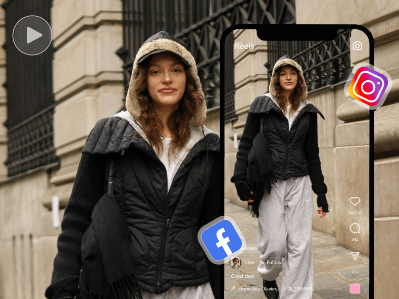 Criador de reels com uma mulher para Facebook e Instagram