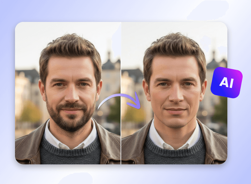 Remove a mans beard in a photo and preview the look using ai