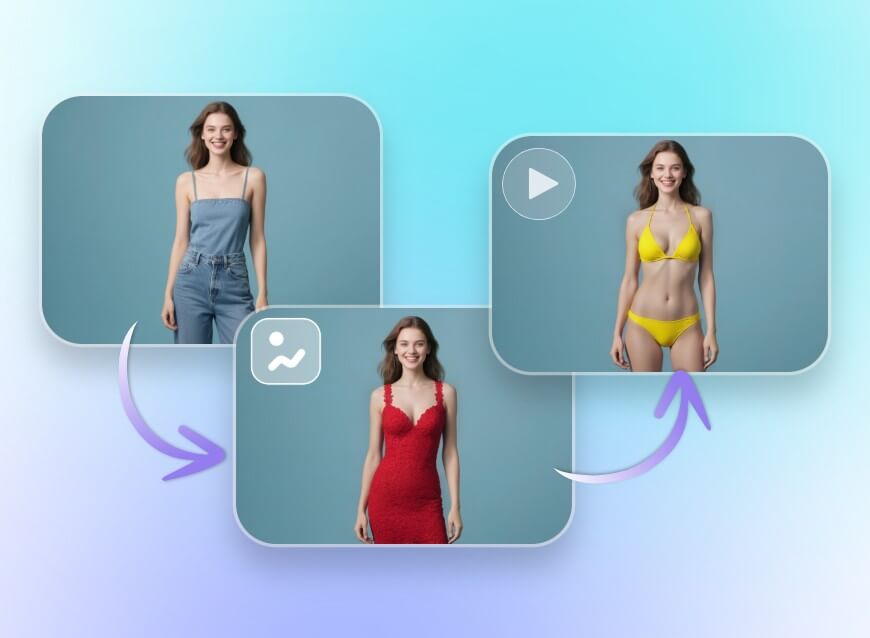 女性の青いデニムの服を脱がせ赤いドレスの画像と黄色のビキニの動画に置き換える