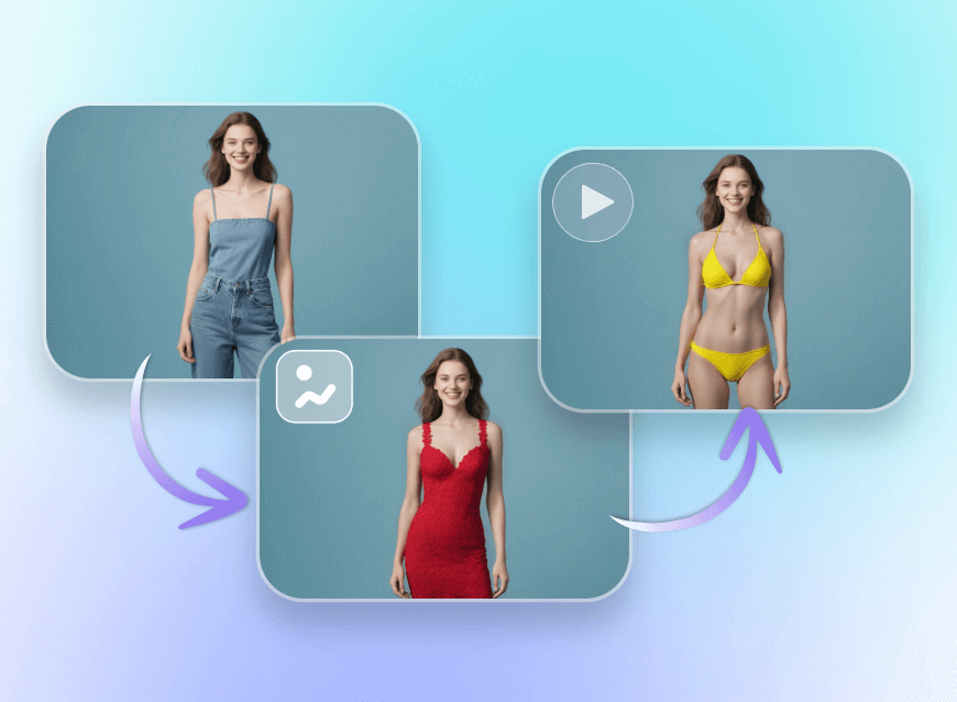 Remova o look jeans azul de uma mulher e mude para a imagem de um vestido vermelho e um vídeo com um biquíni amarelo