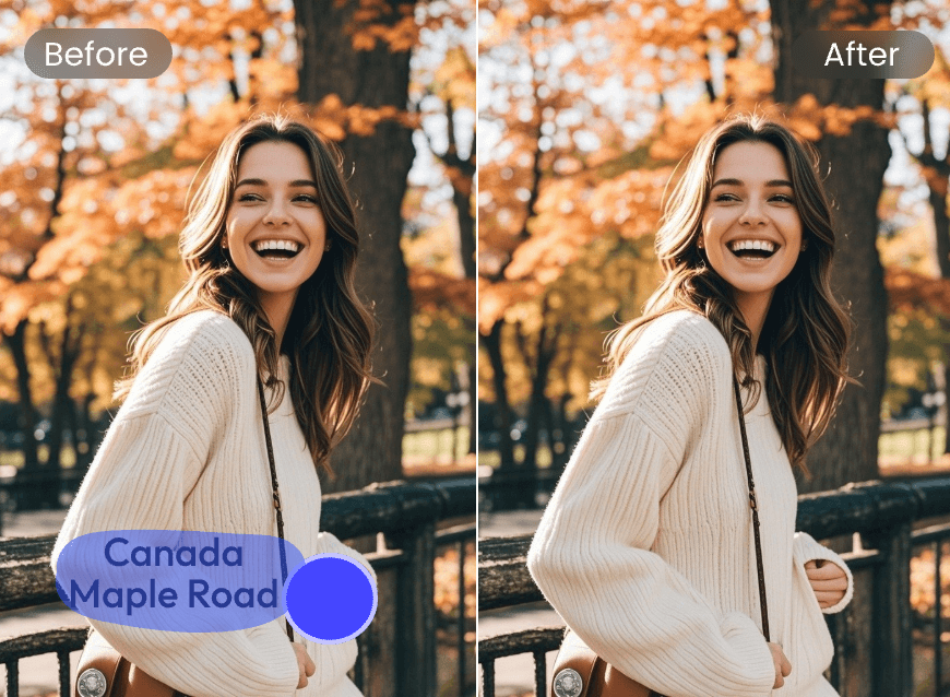 Remove location stamp from a photo of a woman with a smile