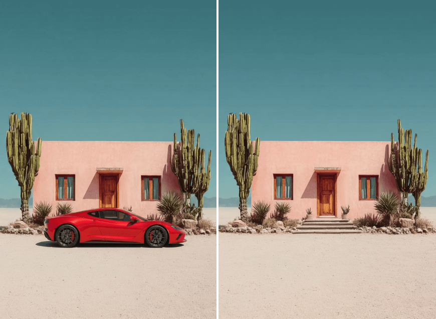 Remove the red car from a landscape photo