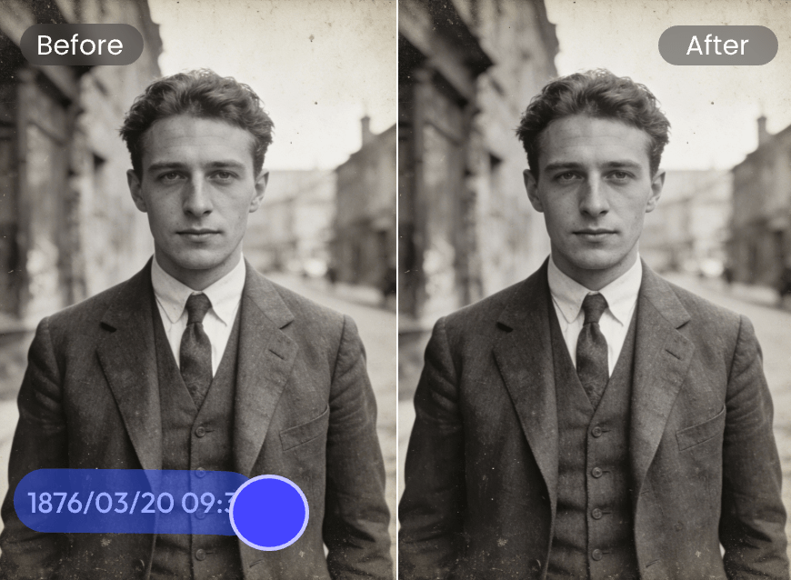 Remove time and date stamp from an old photo of a man in suit