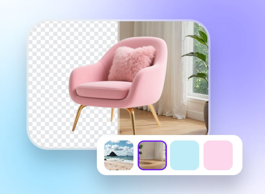 Replace a new background for your sofa image in clipfly with various backgrounds