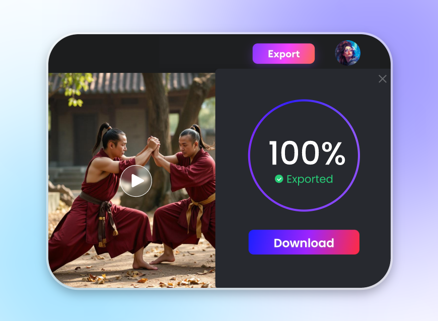 Save your ai generated kung fu fighting video to your device from clipfly