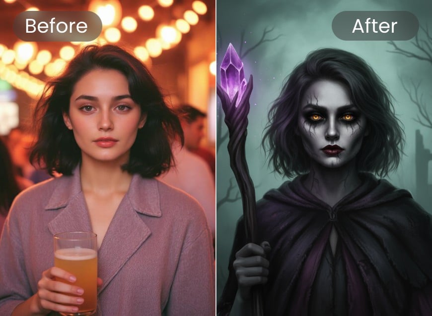 Mit dem Hexenfilter von Clipfly wird aus einem originalen Foto eine erschreckende Hexe erschaffen
