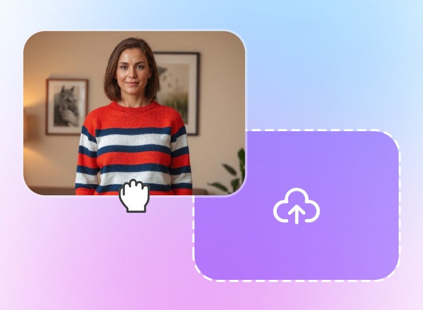 Etapa 1 carregue uma foto de uma garota de cabelo curto usando um suéter listrado vermelho, branco e azul para o substituto de imagem ai do Clipfly