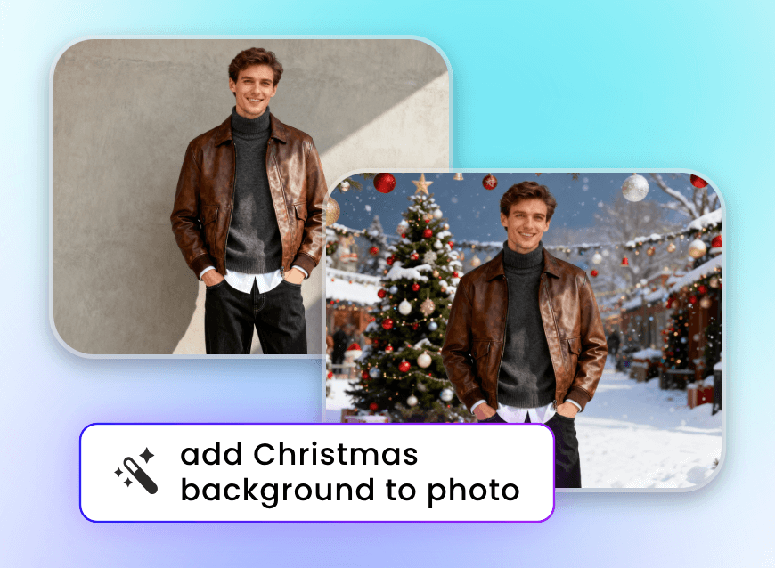 añade un fondo navideño al aire libre a la foto del joven con clipfly